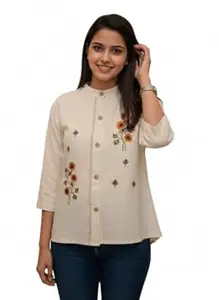 Hitarth Fashion Women’s Khadi Cotton Regular Shirt | Mandarin Collar Kurti Style Top | Solid Regular Fit Casual & Office Wear | 3/4 Sleeves Ethnic Western Fusion Shirt | Breathable Handloom Fabric
