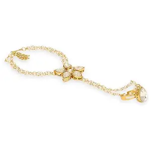 OOMPH Jewellery Gold Tone Hathphool Hathpanja Bracelet with Ring - Kundan & Pearls - For Women & Girls Stylish Latest Birthday & Anniversary Gift (BDP29_AOR1)