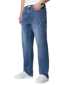 The Souled Store Straight-Fit Denim: Men and Boys Zip Fly Medium Wash Cotton Spandex Straight Fit Lightweight Easy to Style All Day Wear Everyday Jeans