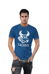 RUSHAAN Taurus, (BG White) Blue Round Neck Cotton Half Sleeved T-Shirt with Printed Graphics