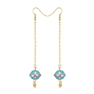 ACCESSHER Long Chain Kundan Work Blue Beads And Pearl Drop Dangle Earring for women and girls pair of 1