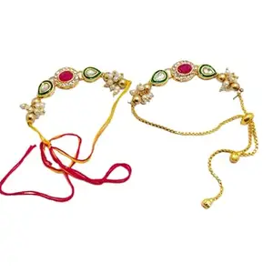 Zeer Creation Multicolor Bhaiya Bhabhi Rakhi Set – Designer Kundan Lumba Rakhi with Green & Red Stones, Pearls