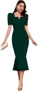 ALAKHI STUDIO Women's Bodycon Midi Dress | Half Puff Sleeve with Sqaure Neck | Breathable & Elagant Lycra Blend Outfit | Comfortable & Stylish Wear for Formal, Office & Party