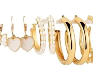 Yu Fashions Stylish White Heart Golden Butterfly Pearl Hoop Earrings Set of 5 Pair For Women
