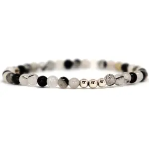 RRJEWELZ Natural Black Rutile Round Shape Smooth Cut 4mm Beads 7.5 inch Stretchable Bracelet for Healing, Meditation, Prosperity, Good Luck | STBR_01680