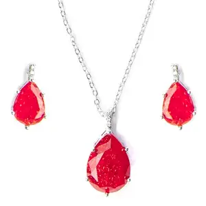 Kord Store Latest Ruby Red Crackle Stone Rhodium Plated Chain Pendant Set For Girls & Women