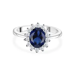Ornate Jewels 925 Silver Blue Sapphire and American Diamond Oval Halo Ring for Women and Girls | with Certificate of Authenticity & 925 Stamp | Life-time Warranty*