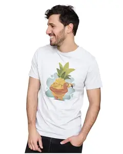 ALLEN BLACK Men's & Women's Regular Fit T-Shirt Dabbing Pineapple with Flamingo Floaty 100% Cotton Unise T-Shirt White_FLAMIN11-White XL Men Round_