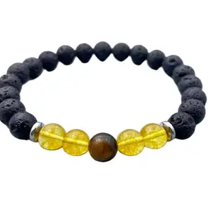 RRJEWELZ Natural Citrine, Tigers Eye & Lava 8mm Round Shape Smooth Cut Beads 8 Inch Stretchable Bracelet For Men & Women. Unisex Bracelet For Healing, Meditation, Prosperity, Gift & Luck|STBR_RR_11042_8.0