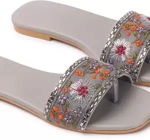 Priyansh Fashion Women Ethnic Embroidered Flats Footwear for Casual Wear,Party and Formal Wear women footwear flats sandals for girls (Grey, 6)