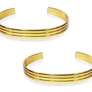 De-Ultimate Set Of 2 Pcs Golden Color 6.5cm Diameter Valentine's Day Metal Simple Lined Sterling Adjustable Lock Free Friendship Hand Cuff Wrist Half Kada Couple Bracelet