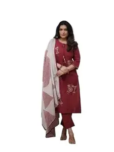 Women's Chanderi Silk Embroidery kurti set for woman Kurta Pant Set with pure cotton Dupatta for Women 3 Piece Festive Kurti Set