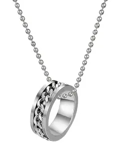 Utkarsh Silver Color Unisex Stainless Steel Funky Rotatable Cuban Link Chain Inlaid Spinner Fidget Round Shape Circle Ring Locket Pendant Necklace With Ball Chain