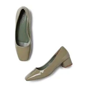 Marc Loire Women Square Toe Solid Block Heel Pumps for Office, Party and Formal Wear (Olive, Numeric_7)