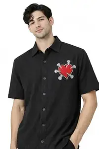 HAPPY ENDING Men's Shirt|Knitted Shirt| Half Sleeve Button Down Shoulder Casual Wear Shirt for Men | Summer Collared Neck Daily, Office Wear Nail The Heart Printed Regular Fit for Men