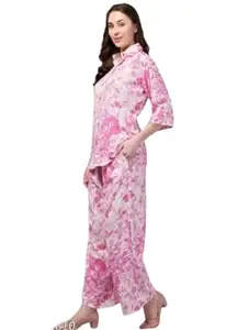 Drisha Collection Women's Modal Floral Print Clear Co-ord Set Relaxed Fit for Women Two Piece Suit Cord Dress for Ladies Casual Wear Fashionable for Party (Large, Pink)
