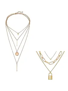 Vembley Pack of 2 Lavish Gold Plated Layered Star Coin Line & Heart Lock Pendants Necklace For Women and Girls
