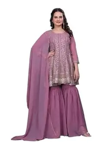 Women's Georgette Readymade Kurta & Sharara Dupatta Set Stylish Kurti Set for Women | Embroidered Work Kurta Set For Any Occasion