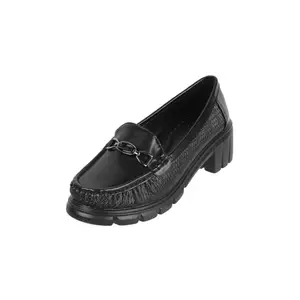 Mochi Women Black Faux Leather Loafer Shoes with Block Heel UK/6 EU/39 (31-549)