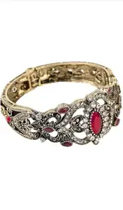 Vintage Style Crystal Bracelet with Ruby Red Stones, Antique Gold Finish, Rhinestone Filigree Design