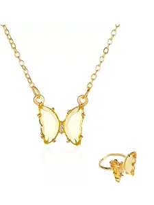Vembley Combo of Stylish Gold Plated Yellow Crystal Butterfly Pendant Necklace With Ring For Women and Girl