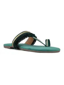 Inc.5 Womens Green Ethnic Embellished Round Toe Flats