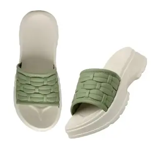Women's Platform Slides with Woven Design, EVA Sole, Sage Green and White, Casual Comfort Sandals