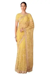 NONITA FASHION Yellow Net Saree with Stone Work, Thread Embroidery, Sequin Details, Unstitched Blouse Piece