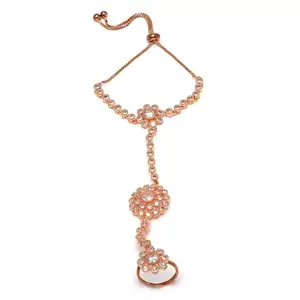 ZENEME Rose Gold-Plated White American Diamond Studded Flower Graceful Hand Chain Ring Bracelet For Girls and Women (Rose Gold)