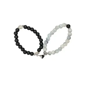 Magnetic Heart Couple Bracelets - Black & Grey Beaded Set