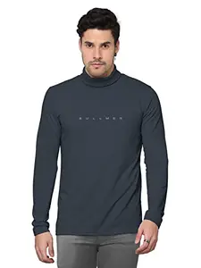 BULLMER Solid Cotton Blended Full Sleeve Turtle Neck Tshirt for Men -Cool Dark Grey/XX-Large