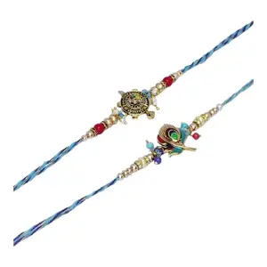 Peacock Grace & Turtle Charm – Set of 2 Threads with Roli Chawal & Surprise Gift | Exclusive Designer Combo for Brother | Handcrafted Raksha Bandhan Gift