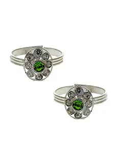 Anuradha Art Oval Shape Classy Green Colour Silver Bichudi/Toe Ring for Women