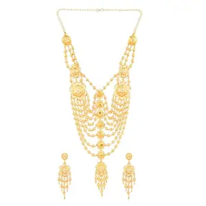 Amazon Brand - Anarva Floral Pendant Multi layered Metal Beaded Chain Gold Tone Necklace Dangle Earrings Set