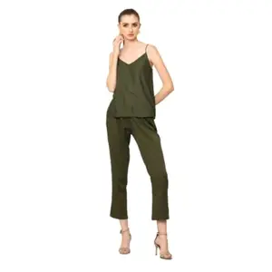 Saltpetre Women Modal Solid Olive Top with Trouers Co-Ords Set (Olive, XXS)
