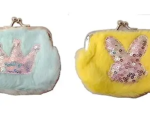 ANESHA Faux Fur Shiny Centre Design Cute Siamese Coin Purse Retro Money Pouch with Kiss-Lock Buckle Wallet Bag Card Holder for Women and Girls Pack of 2