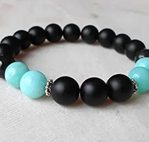 LKBEADS Natural Amazonite & Black Onyx 10mm Round Shape Smooth Cut Beads 75 inch Stretchable Bracelet for Men & Women|STBR_RR_00247_75