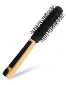 Round Hair Brush with Wooden Handle, Professional Styling Tool, Black Bristles