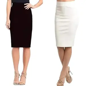 Women's Pencil Skirt, Knee Length, Black and White, Office Wear (in, Alpha, XL, Regular, Black and White)