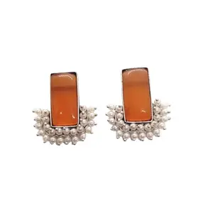 Jeweltos® Beautiful Handmade Stud Earrings With Monalisa Stone & Pearl For Women & Girls (Peach)