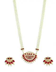 The Clara Pink-Green Colour Traditional Chinchpeti Long Necklace Set | Rani haar | Moti Mala Set | Peshwai Necklace For Women (Moti Necklace-11)