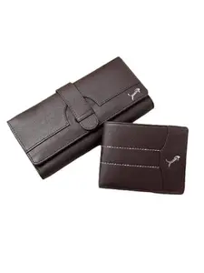WILD EDGE Unisex Brown Solid Genuine Leather Accessory Gift Set - Brown Leather Wallet with Long Wallet Purse Coin Button Clutch Bag