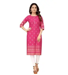 Women's Casual 3/4th Sleeve Foil Gold Printed Cotton Kurti (Pink, S)-PID46155