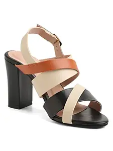 Bruno Manetti Women's Black-Beige Slipon Back Strap Cross Strap Design Heels Sandal