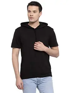 Friskers Men Black Short Sleeve Round Neck Solid Cotton Hooded T-Shirt