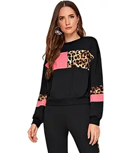 DTR FASHION® Women's Pull Over Animal Printed Full Sleeves Color Blocked Round Neck T-Shirt_ANI_TOP_Pink_Box_XL
