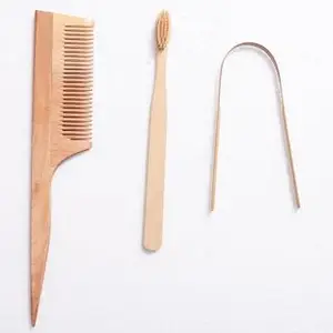 Natural Wooden Comb & Bamboo Toothbrush Set with Tough Cleaner | Eco-Friendly, Durable, Anti-Static, Biodegradable Hair Care & Oral Hygiene Essentials"