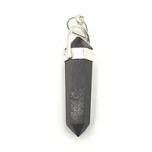 Plus Value Plus Value Natural Black Tourmaline Pendant Pencil Shape for Protection from Negativity Jewelry Locket Men, Women, Boys, Girls [Pure Silver Cap]