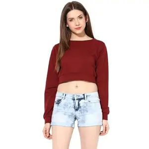 Miss Chase Women's Super Soft Round Neck Full Sleeves Solid Boxy Crop Top (MCPF13TP01-15-64-04, Maroon, Medium)