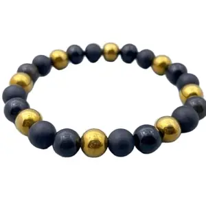 Lady Works Natural Black Onyx & Gold Hematite 8mm Round Shape Smooth Cut Beads 8 Inch Stretchable Bracelet for Men & Women.Bracelet for healing, meditation, Prosperity, Gift & Luck|LW_BRST_10707_8.0